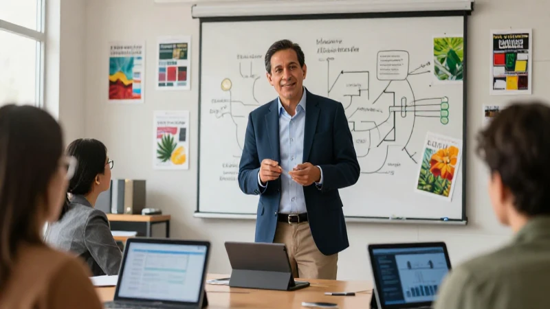Educador mexicano carismático en sala moderna