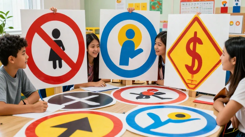Señales de tránsito en inglés: imágenes y sus significados 9 Estudiantes diversos estudian seguridad vial en ambiente vibrante