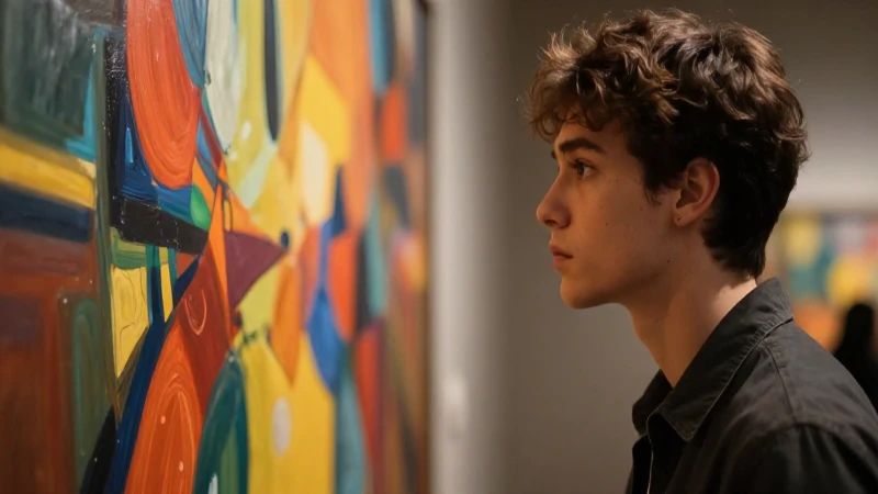 Joven introspectivo contempla arte abstracto vibrante