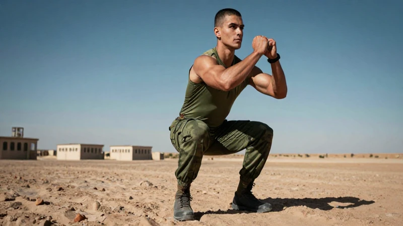 Soldado haciendo un agachado perfecto en el desierto