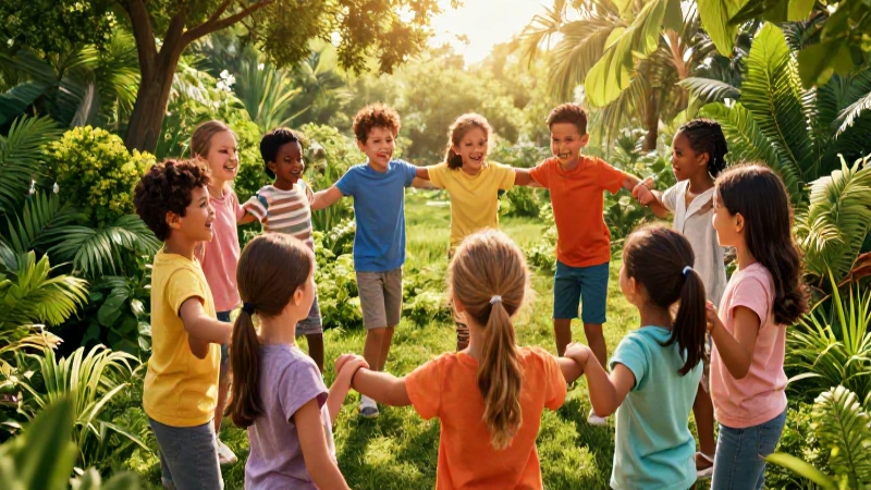 Niños felices en círculo con luz dorada