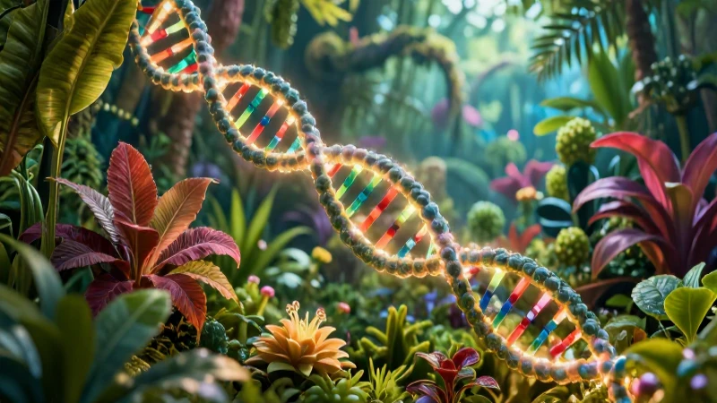 Vida botánica vibrante con doble hélice de ADN
