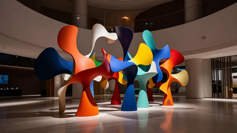 Escultura abstracta en interior moderno y dramático