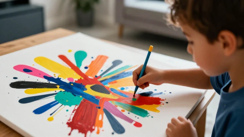 Niño interactúa con arte moderno en un hogar vibrante