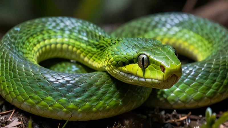 Serpiente verde detallada, foco y luz intensa