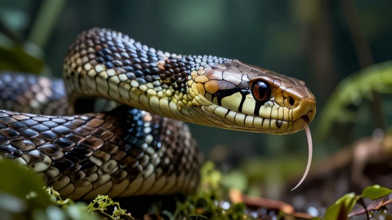 Serpiente venenosa atacando en vívido entorno natural