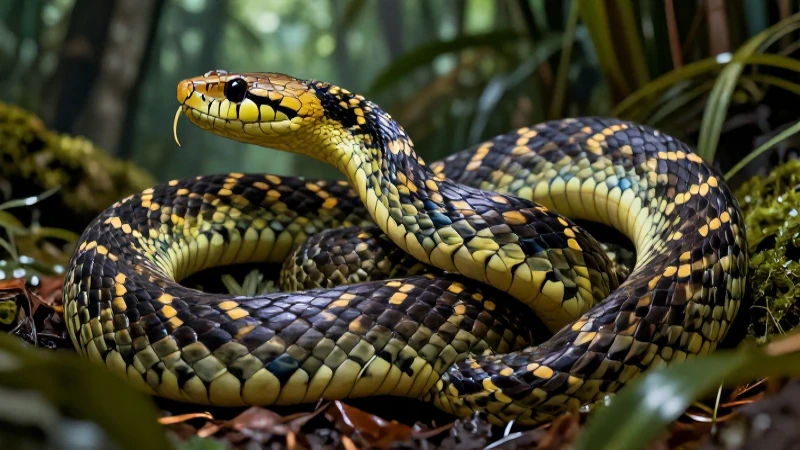 Serpientes venenosas, evolución, arte hiperrealista en la jungla