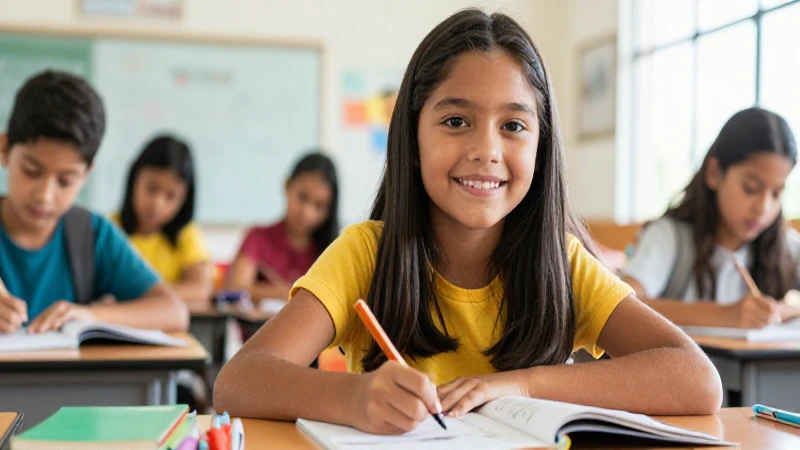 Estudiante sonriente en aula mexicana vibrante