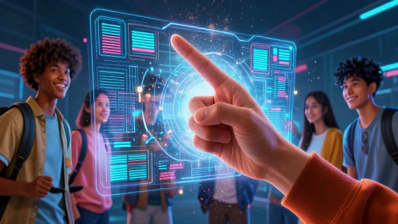 Estudiantes jóvenes rompen una pantalla digital brillante