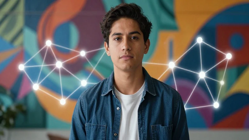 Joven académico mexicano frente a mural digital