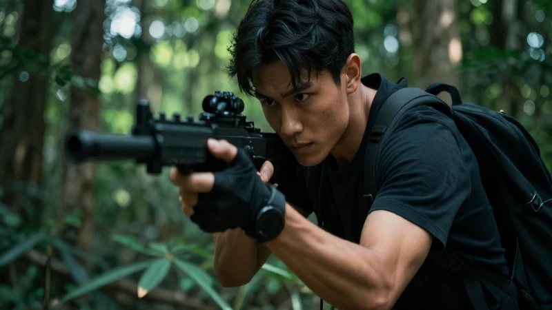 Joven atractivo domina el sigilo en el bosque