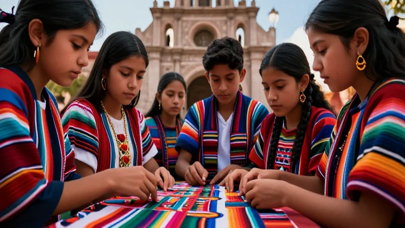 Estudiante diverso interactúa con cultura mexicana detallada