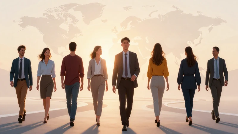 Ilustración vibrante de personas hacia el amanecer global