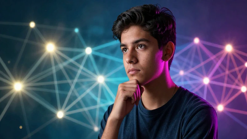 Joven estudiante mexicano medita en una red conceptual