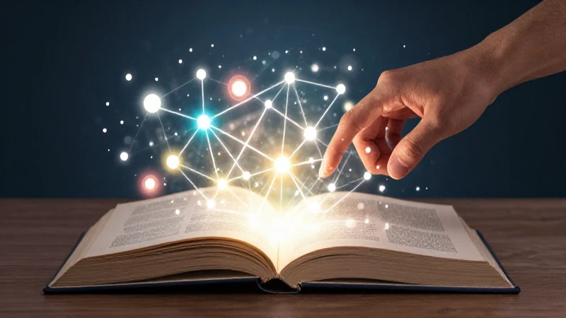 Libro luminoso con red de ideas y mano tocando luz