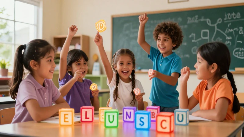 Niños felices aprendiendo con bloques de sílabas
