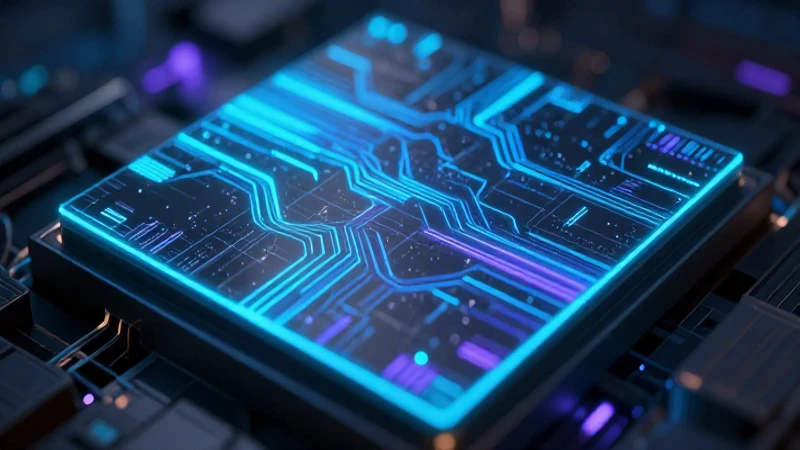 Silicio futurista con flujos de datos azules