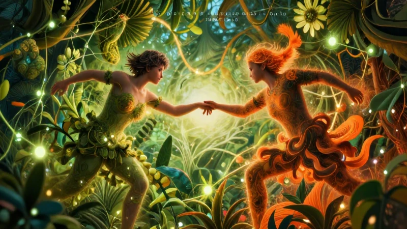 Simbiosis: Significado y concepto en lenguaje cotidiano 5 Figuras conectadas en vibrante entorno natural