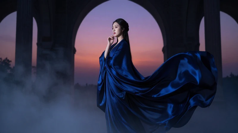 Simbolismo: Definición, representantes y ejemplos clave 6 Mujer soñadora en seda azul bajo un cielo crepuscular