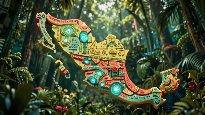 Mapa mexicano antiguo, estilo místico y vibrante