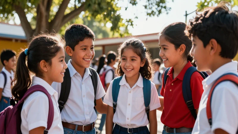 Niños mexicanos felices al sol en la escuela