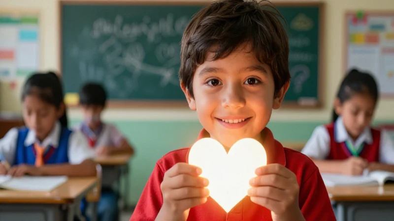 Niño mexicano alegre con corazón brillante y mirada directa