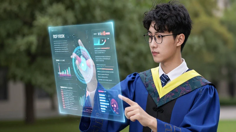 Estudiante moderno analiza datos holográficos