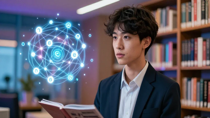 Estudiante inteligente y moderno en biblioteca académica