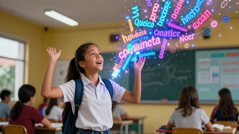 Estudiante entusiasta aprende español con palabras dinámicas