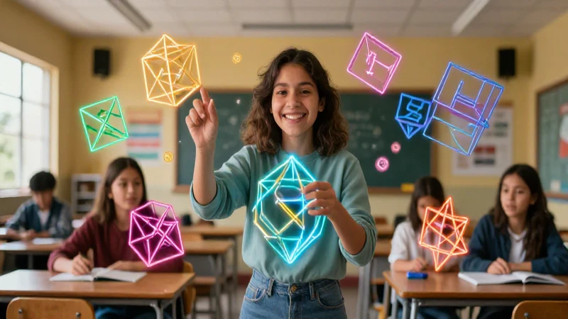 Joven estudiante en aula con estructuras geométricas dinámicas