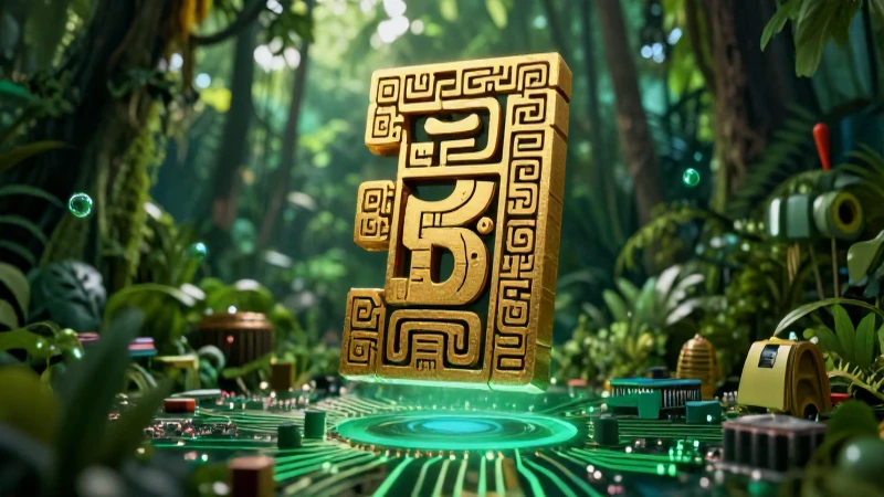 Glifo maya sobre circuito digital en jungla