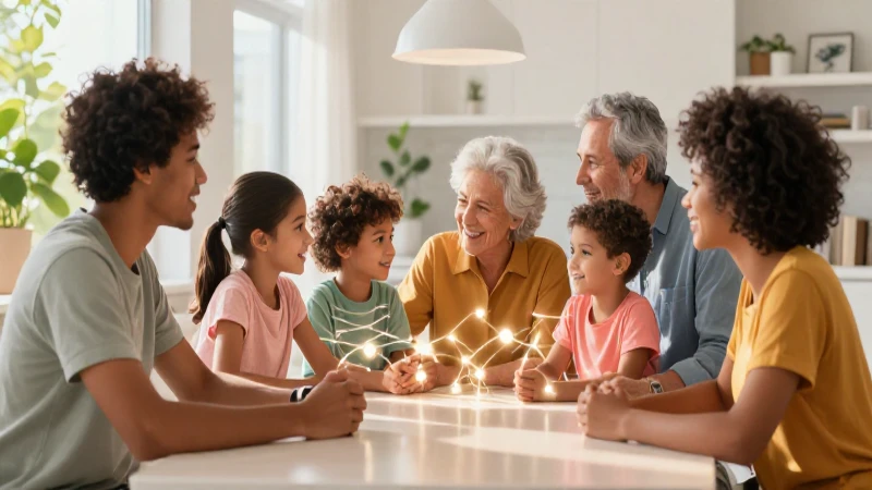 Familia diversa conecta en un hogar luminoso