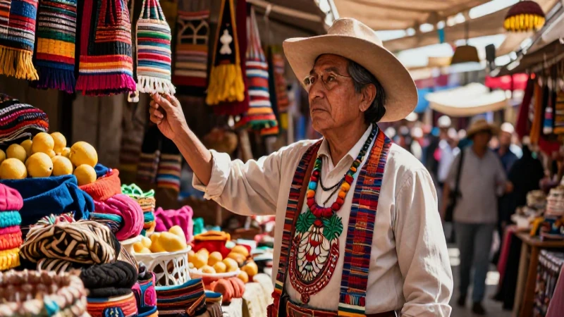 Mercado mexica vibrante con comerciante y mercancías detalladas