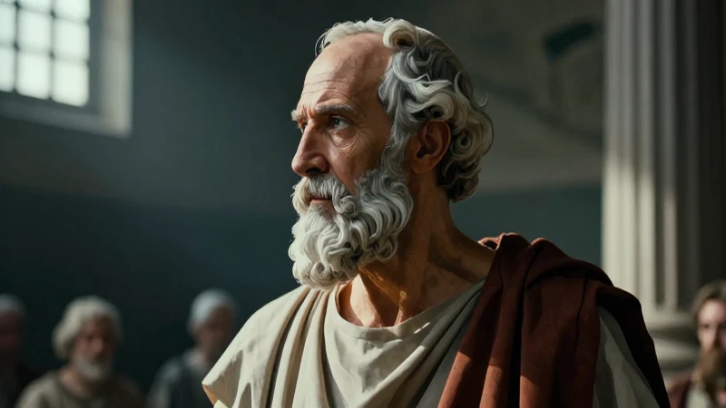 Sócrates, perfil dramático, luz cinematográfica intensa