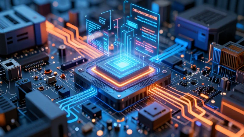 Hardware y Software: Concepto, Funciones y Ejemplos Clave 7 Render 3D de código y placa tecnológica