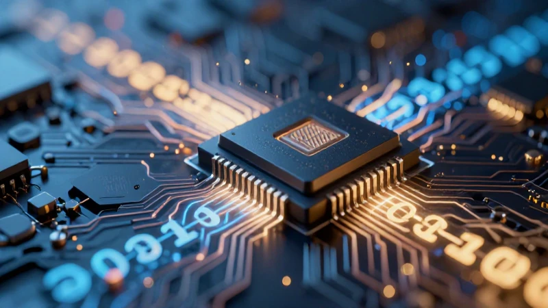Software y Hardware: 30 Ejemplos Esenciales y Prácticos 4 Microchip fusionando código abstracto con luz