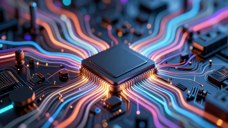 Software y Hardware: 30 Ejemplos Esenciales y Prácticos 3 Abstracto futurista de flujo de datos y chips