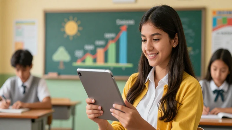 Supera tus metas: Mejora resultados con solucionarios para primaria 3 Estudiante mexicano exitoso con tablet educativa en un aula vibrante