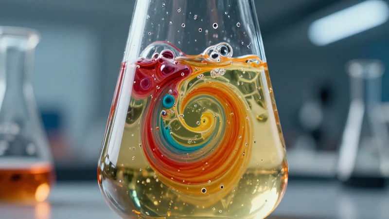 Soluciones: Concepto, Tipos y Características en Química 4 Líquidos vibrantes se mezclan en matraz Erlenmeyer con detalle