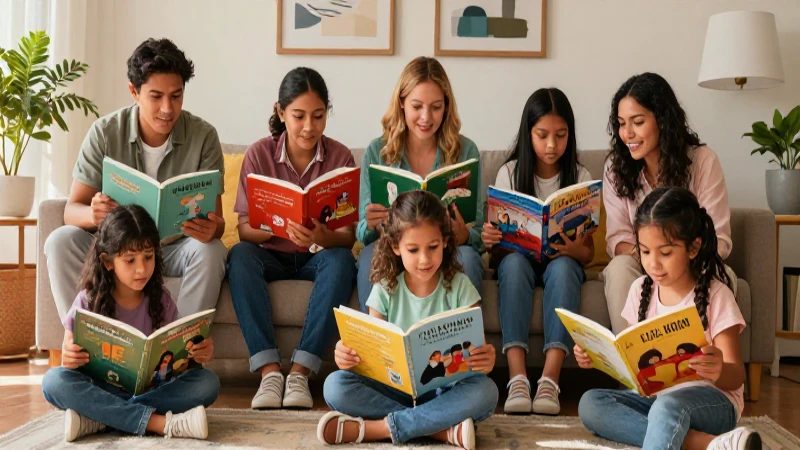 Familia mexicana disfruta lectura de libros coloridos