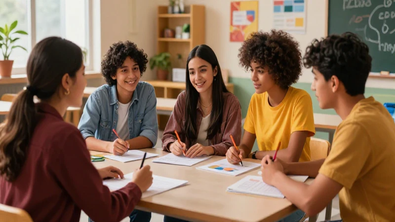 Estudiantes mexicanos interactúan en un aula moderna y vibrante