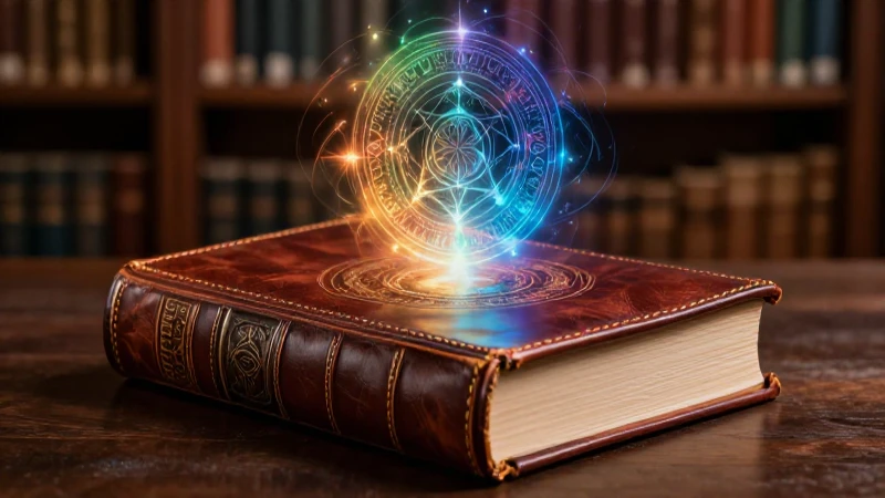 Libro mágico en librería con símbolos luminosos