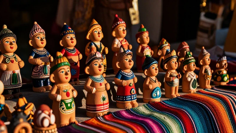 Souvenirs mexicanos vibrantes bajo cálida luz