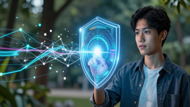Stalkear: Definición, Importancia y Concepto Esencial 8 Joven interactúa con un escudo digital en un entorno educativo moderno