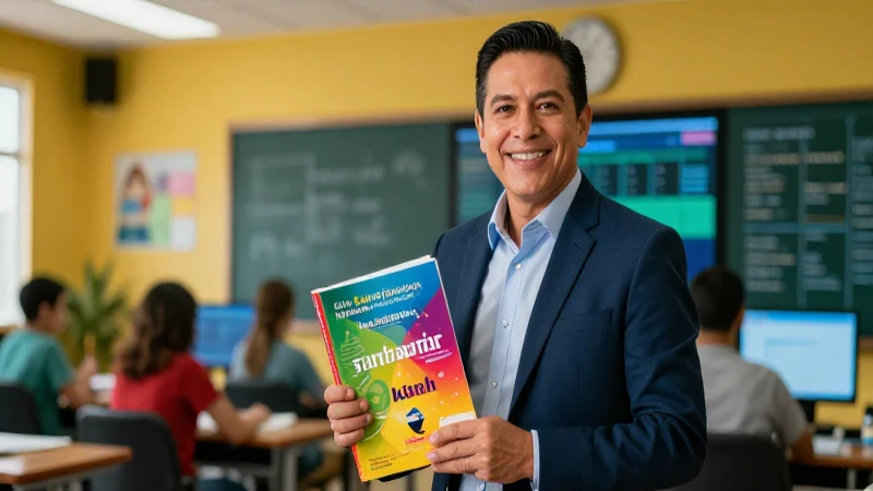 Profesora mexicana enseñando con recursos vibrantes