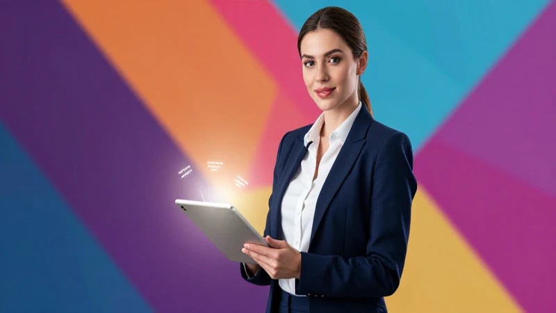 Maestra moderna con tablet en entorno vibrante