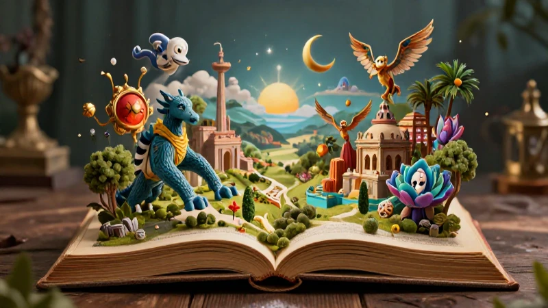 Ilustración digital épica de libro antiguo transformándose en paisaje