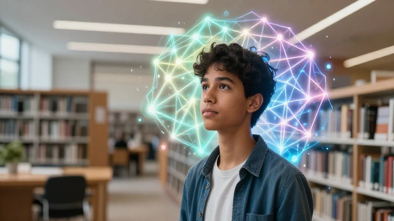 Estudiante reflexivo contemplando patrones de conciencia en biblioteca