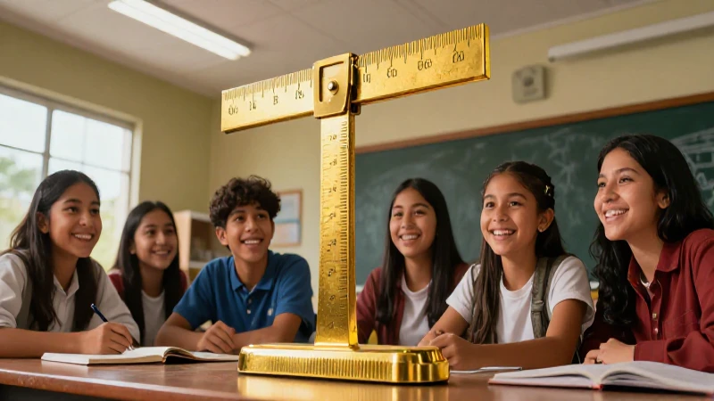 Domina los submúltiplos del metro con nuestra guía esencial 4 Estudiante mexicano observa una gran balanza dorada