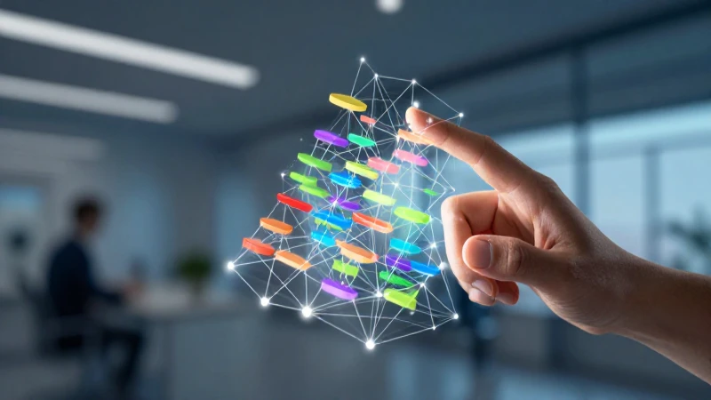 Manos estilizadas interactúan con datos luminosos